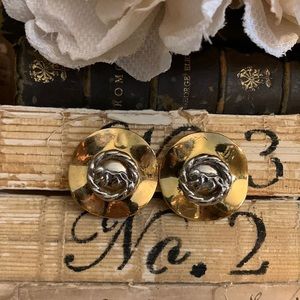 Vintage large gold round earrings with silver accents & leopard in center